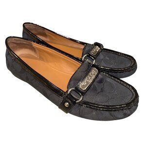 Coach Felisha Black Loafers 9 Canvas Patent Leather Classic Monogram Preppy